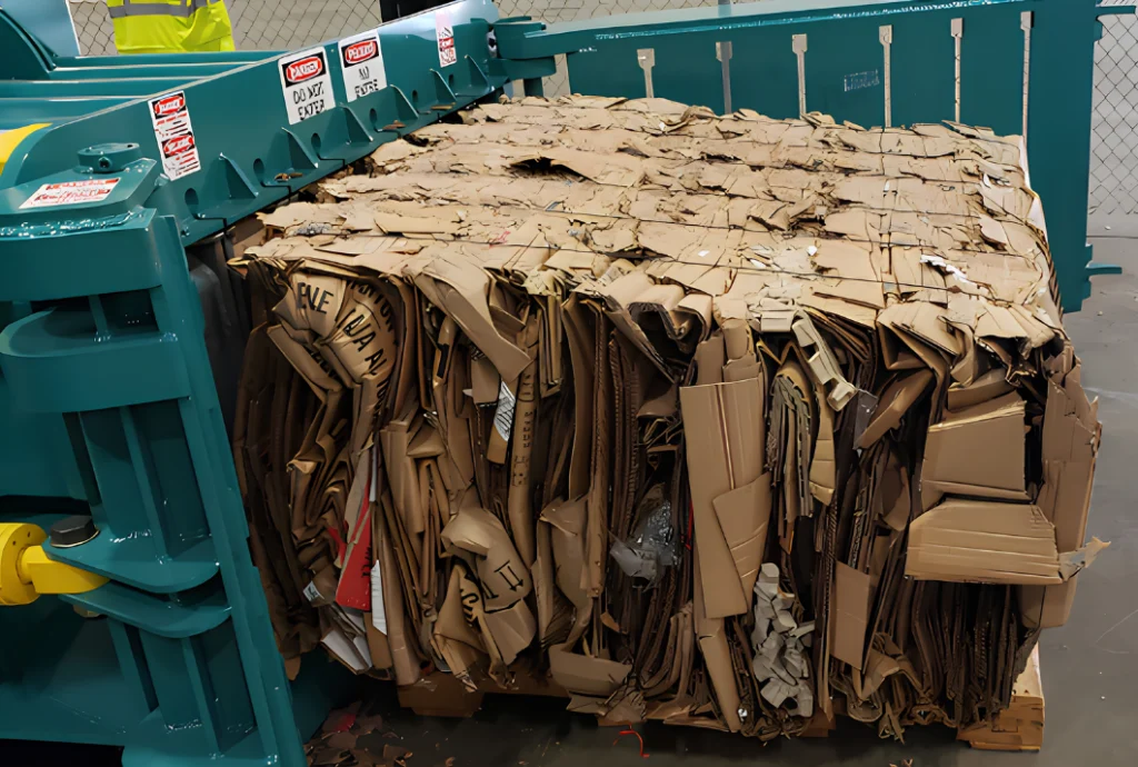 Komar horizontal baler compressing cardboard.